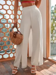 SHEIN VCAY Split Hem Wide Leg Trousers - Beige - View 1