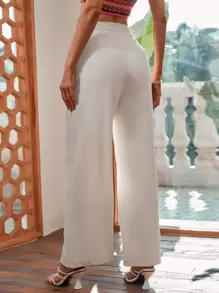 SHEIN VCAY Split Hem Wide Leg Trousers - Beige - View 2