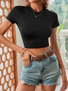 SHEIN Essnce Solid Backless Crop Tee - Black - View 2