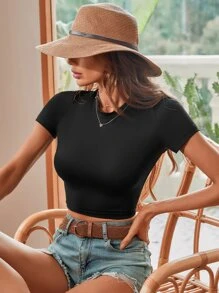 SHEIN Essnce Solid Backless Crop Tee - Black - View 5