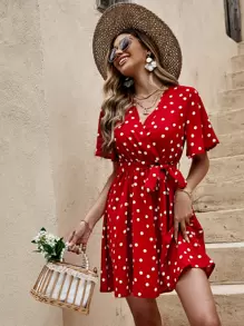 SHEIN Frenchy Đầm Thắt lưng Trọn gói Chấm bi Giải trí - Đỏ - Xem 1