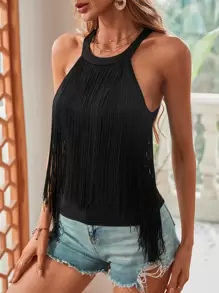 SHEIN VCAY Solid Fringe Halter Top - Black - View 5