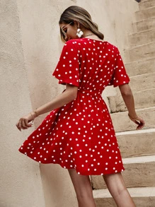 SHEIN Frenchy Đầm Thắt lưng Trọn gói Chấm bi Giải trí - Đỏ - Xem 2