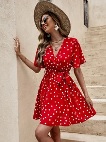 SHEIN Frenchy Đầm Thắt lưng Trọn gói Chấm bi Giải trí - Đỏ - Xem 3