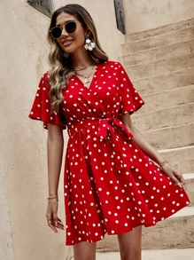 SHEIN Frenchy Đầm Thắt lưng Trọn gói Chấm bi Giải trí - Đỏ - Xem 5