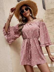 碎花一字領前繫帶連身短褲 - 彩色 - 查看 3