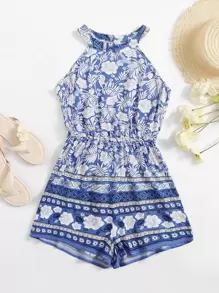 SHEIN Teen Girls Tropical Print Halter Neck Romper - Blue and White - View 1