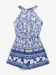 SHEIN Teen Girls Tropical Print Halter Neck Romper - Blue and White - View 2