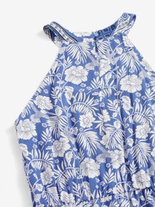 SHEIN Teen Girls Tropical Print Halter Neck Romper - Blue and White - View 4