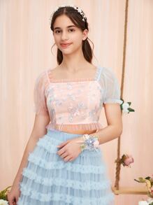 SHEIN 青少年女孩花卉刺繡泡泡袖荷葉邊網紗襯衫 - 淺粉色 - 查看 1