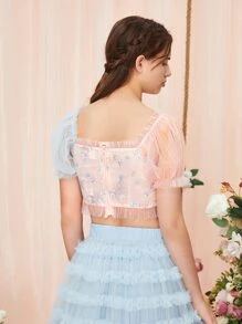 SHEIN 青少年女孩花卉刺繡泡泡袖荷葉邊網紗襯衫 - 淺粉色 - 查看 2