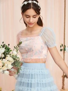 SHEIN 青少年女孩花卉刺繡泡泡袖荷葉邊網紗襯衫 - 淺粉色 - 查看 3