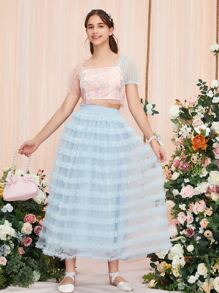 SHEIN 青少年女孩花卉刺繡泡泡袖荷葉邊網紗襯衫 - 淺粉色 - 查看 4