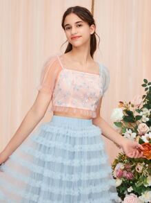 SHEIN 青少年女孩花卉刺繡泡泡袖荷葉邊網紗襯衫 - 淺粉色 - 查看 5