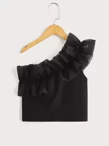 SHEIN Chicas adolescentes Top de un hombro ribete con fruncido - Negro - Ver 1