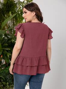 SHEIN LUNE 大碼蝴蝶袖荷葉邊前排扣襯衫 - 紅木色 - 查看 2