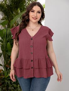 SHEIN LUNE 大碼蝴蝶袖荷葉邊前排扣襯衫 - 紅木色 - 查看 5