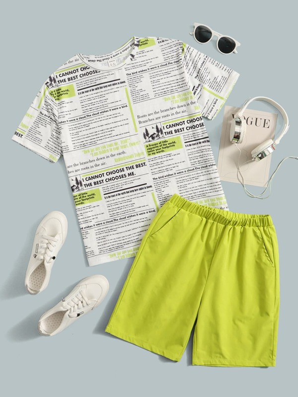 SHEIN Tween Boy T-Shirt und Shorts mit Zeitungsdruck