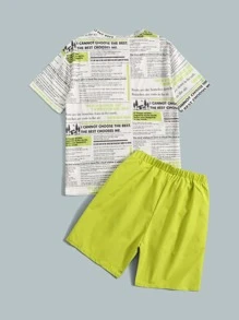 SHEIN Tween Boy Newspaper Print Tee & Shorts - Multicolor - View 2