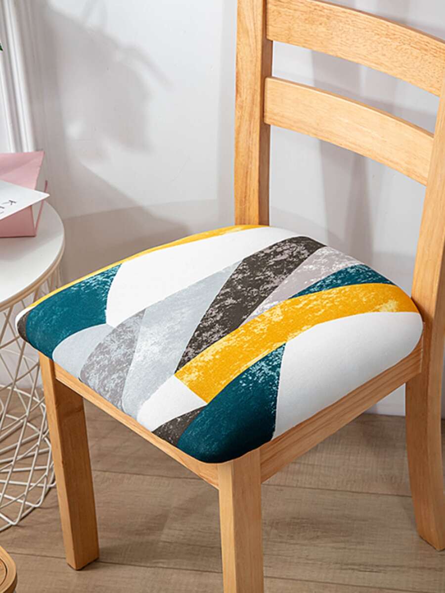 1pc Geometric Pattern Stretchy Chair Seat Cushion Cover, Modern Polyester Color Block Dining Chair Seat Cover For Home - Multicolor - View 1