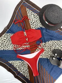 SHEIN Swim Bộ Bikini dây quấn đi biển mùa hè - Đỏ - Xem 4