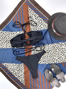 Swim SXY Conjunto de bikini unicolor Sujetador halter entrecruzado y traje de baño de 2 piezas con bottom de corte alto - Negro - Ver 5