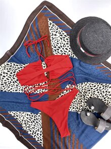 SHEIN Swim Bộ Bikini dây quấn đi biển mùa hè - Đỏ - Xem 5