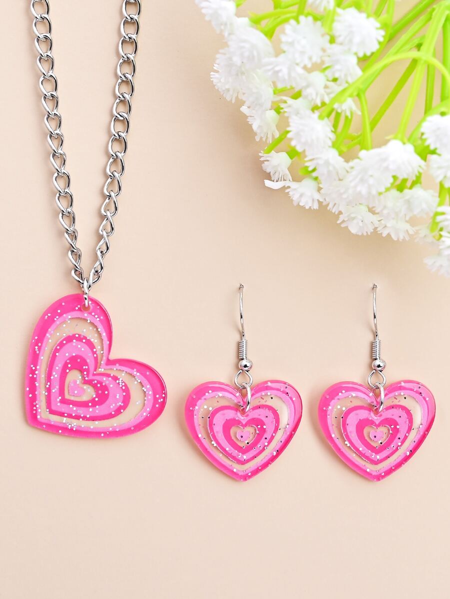 Vòng cổ và hoa tai thả hình trái tim - Màu Hồng Tươi - Xem 1