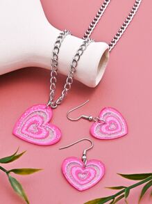 Vòng cổ và hoa tai thả hình trái tim - Màu Hồng Tươi - Xem 2