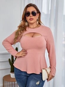 Calvaya Plus Cut Out Peplum Hem Tee - Dusty Pink - View 1