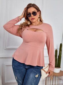 Calvaya Plus Cut Out Peplum Hem Tee - Dusty Pink - View 3