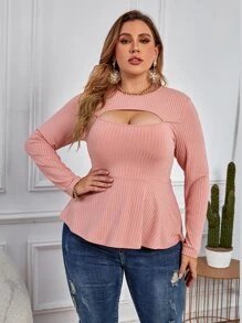 Calvaya Plus Cut Out Peplum Hem Tee - Dusty Pink - View 4