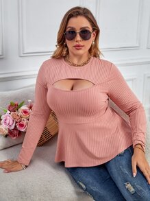 Calvaya Plus Cut Out Peplum Hem Tee - Dusty Pink - View 5