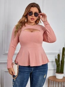 Calvaya Plus Cut Out Peplum Hem Tee - Dusty Pink - View 6