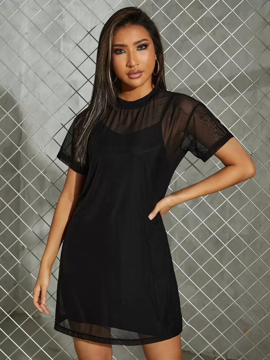 SHEIN EZwear 小高領網紗洋裝帶吊帶內搭 - 黑色 - 查看 1