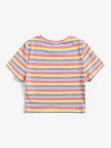 SHEIN Leap Crew Teen Girls Colourful Striped Tee - Multicolor - View 2