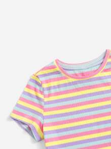 SHEIN Leap Crew Teen Girls Colourful Striped Tee - Multicolor - View 3