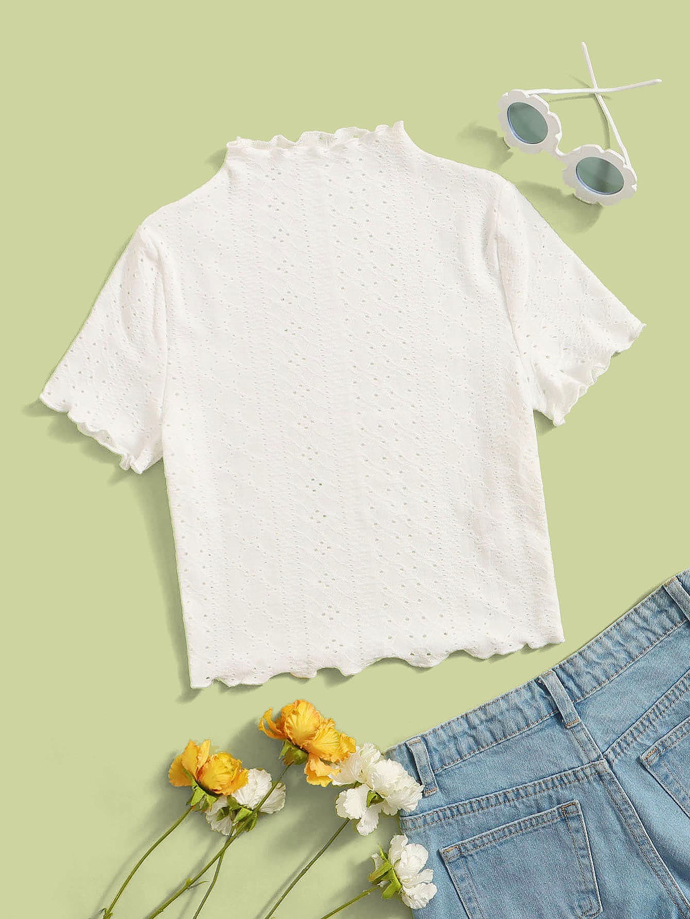 SHEIN 青少年女孩木耳邊網眼刺繡T恤