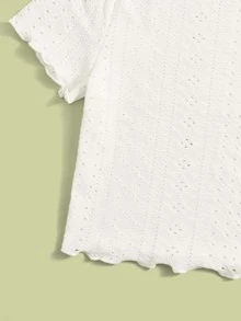 SHEIN 青少年女孩木耳邊網眼刺繡T恤