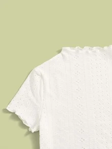 SHEIN 青少年女孩木耳邊網眼刺繡T恤