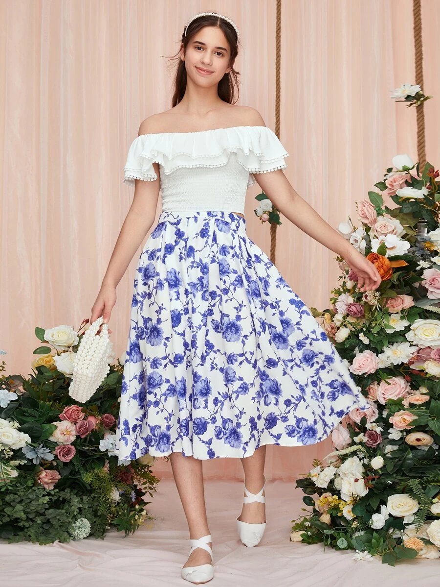 SHEIN Teen Girls Off Shoulder Ruffle Trim Top & Allover Floral Print Skirt - Blue and White - View 1