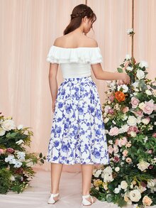 SHEIN Teen Girls Off Shoulder Ruffle Trim Top & Allover Floral Print Skirt - Blue and White - View 2