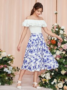 SHEIN Teen Girls Off Shoulder Ruffle Trim Top & Allover Floral Print Skirt - Blue and White - View 3