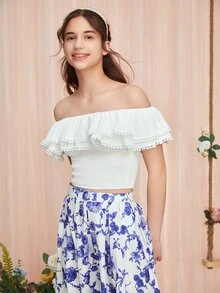SHEIN Teen Girls Off Shoulder Ruffle Trim Top & Allover Floral Print Skirt - Blue and White - View 4