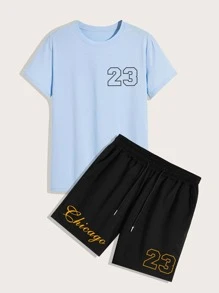 Manfinity Campus Court Aesthetic Post--Men Letter Graphic Tee & Drawstring Waist Shorts - Multicolor - View 1