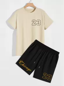 Manfinity Campus Court Aesthetic Post--Men Letter Graphic Tee & Drawstring Waist Shorts - Multicolor - View 1