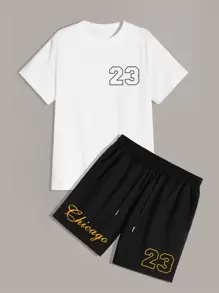 Manfinity Campus Court Aesthetic Post--Men Letter Graphic Tee & Drawstring Waist Shorts - Black and White - View 1