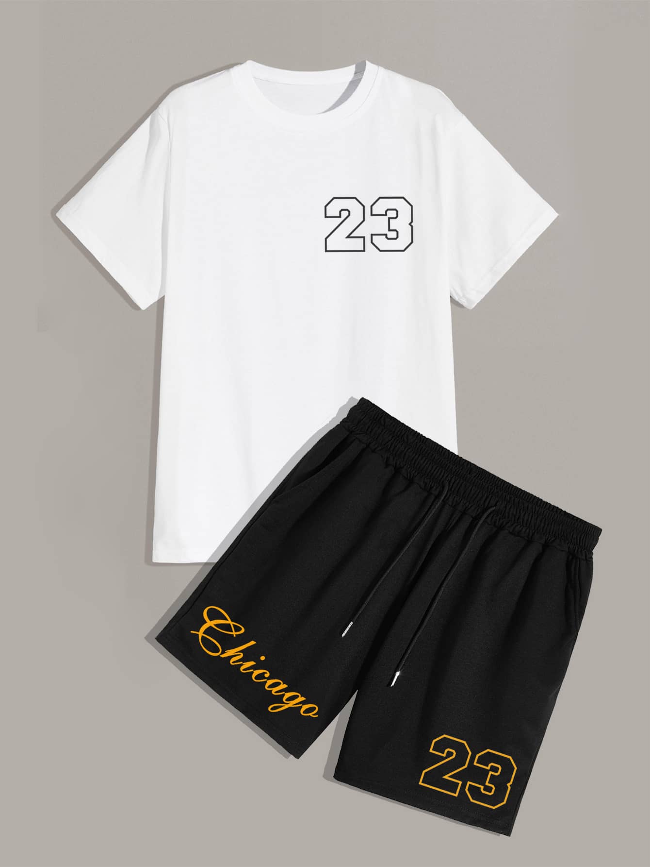 Manfinity Campus Court Aesthetic Post--Men Letter Graphic Tee & Drawstring Waist Shorts - Black and White - View 1