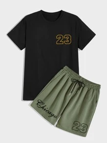 Manfinity Campus Court Aesthetic Post--Men Letter Graphic Tee & Drawstring Waist Shorts - Multicolor - View 1