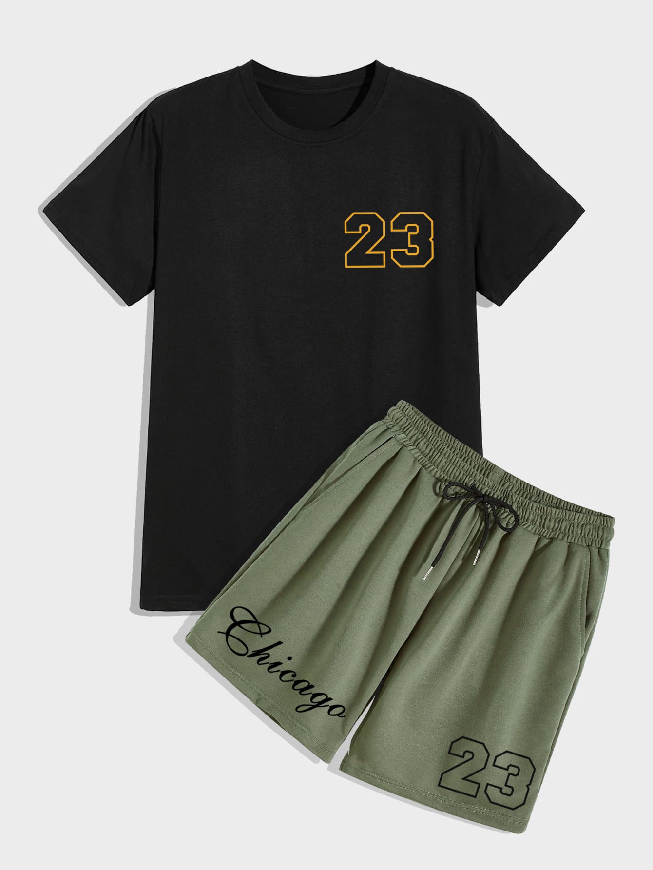 Manfinity Campus Court Aesthetic Post--Men Letter Graphic Tee & Drawstring Waist Shorts - Multicolor - View 1